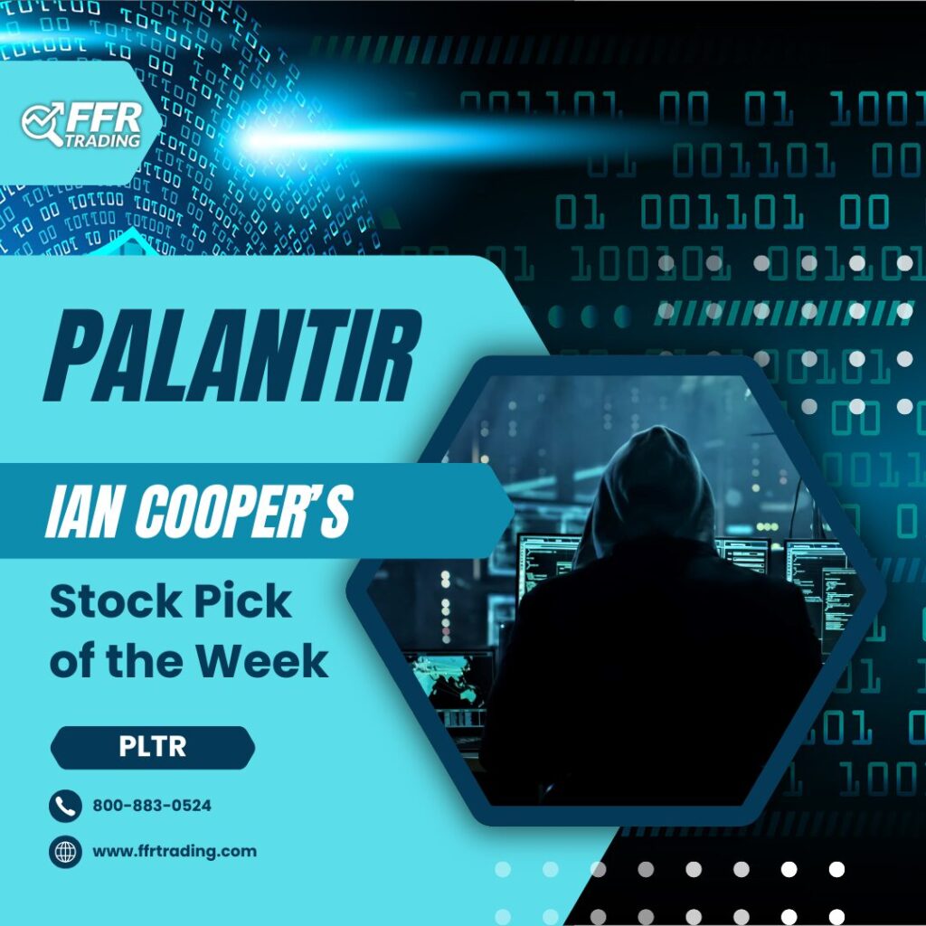 "FFR Trading graphic featuring Ian Cooper’s stock pick of the week, Palantir (PLTR), with a hooded figure analyzing data on multiple screens and binary code in the background."