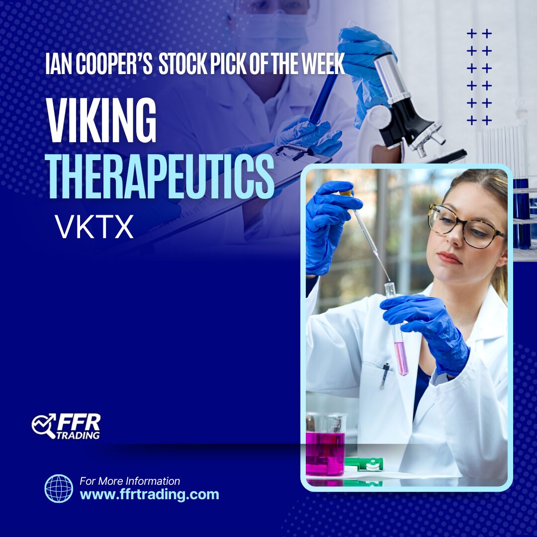 Stock chart showing Viking Therapeutics (VKTX) at $27.50 with upside breakout potential