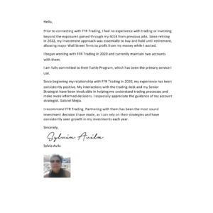 FFR Trading client testimonial highlighting long-term investing experience