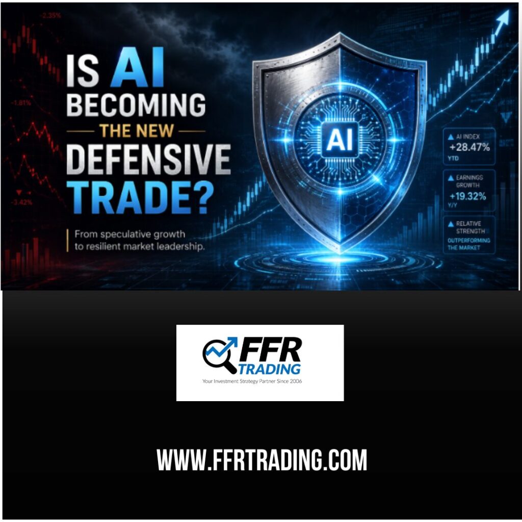 AI defensive trade concept showing artificial intelligence technology and market uncertainty
