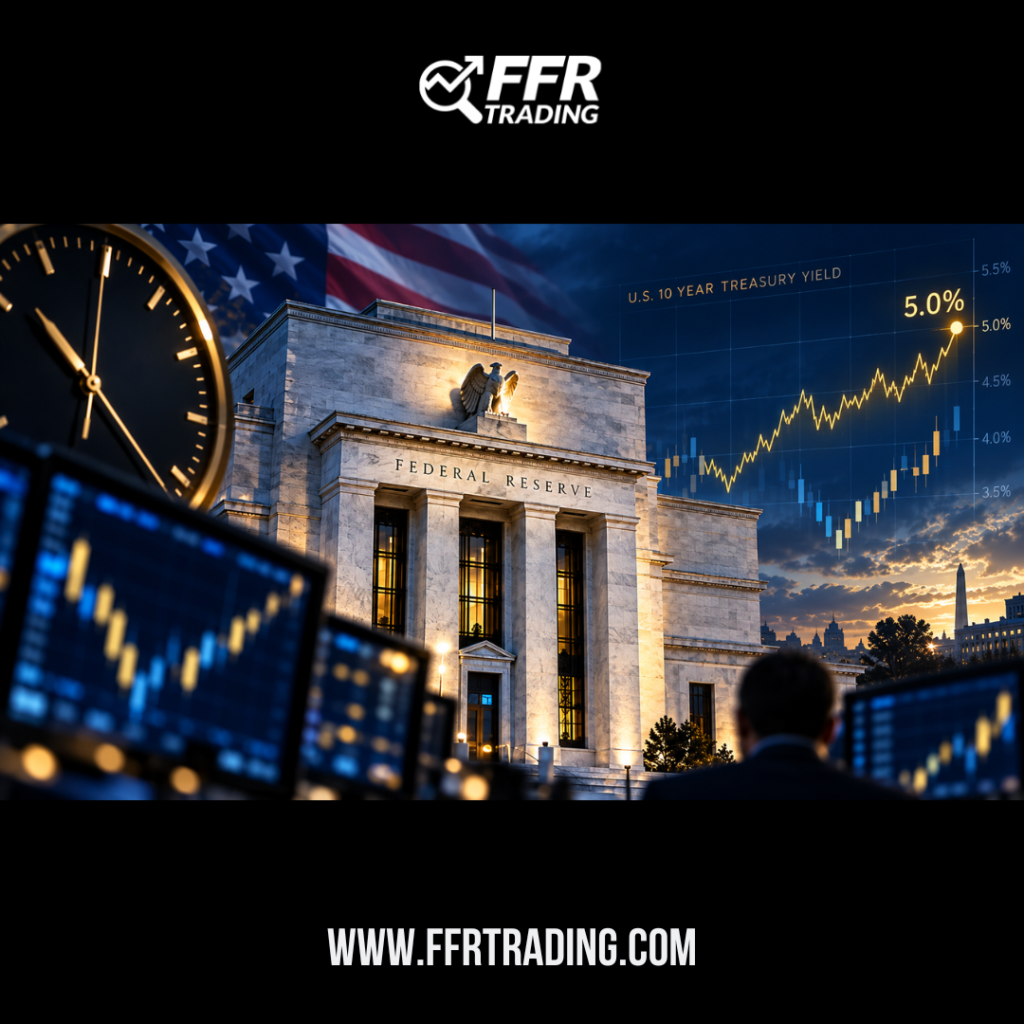 Federal Reserve building with market charts and the 10-year Treasury yield near 5% ahead of the Fed interest-rate decision.