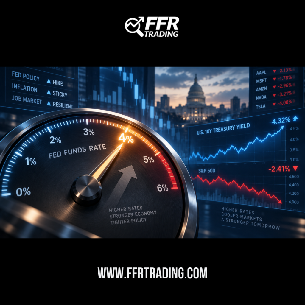 Fed rate hike market reaction shown with an interest-rate gauge near 4%, rising Treasury yields, and falling stock market charts.