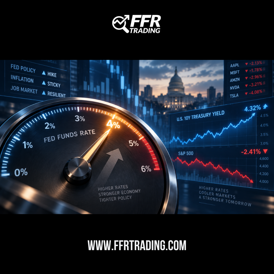 Fed rate hike market reaction shown with an interest-rate gauge near 4%, rising Treasury yields, and falling stock market charts.
