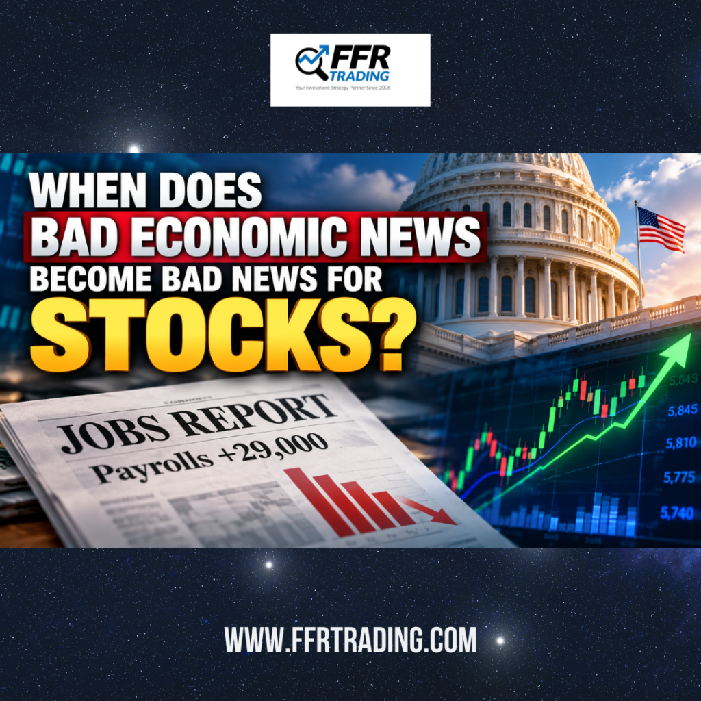 Jobs report showing weak payroll growth alongside a rising stock market chart, illustrating how bad economic news can sometimes be good news for stocks.