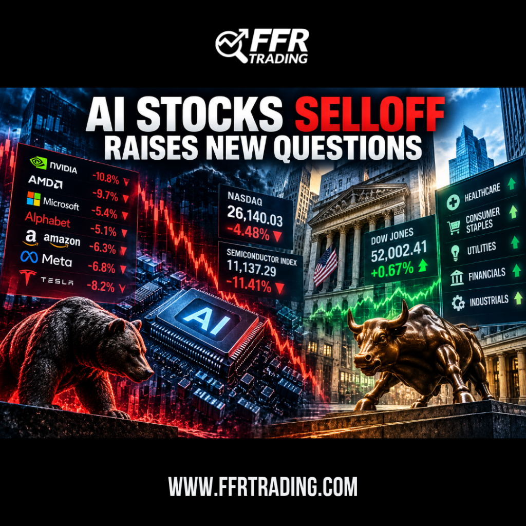 AI stocks selloff as semiconductor and technology shares decline while defensive market sectors show relative strength.