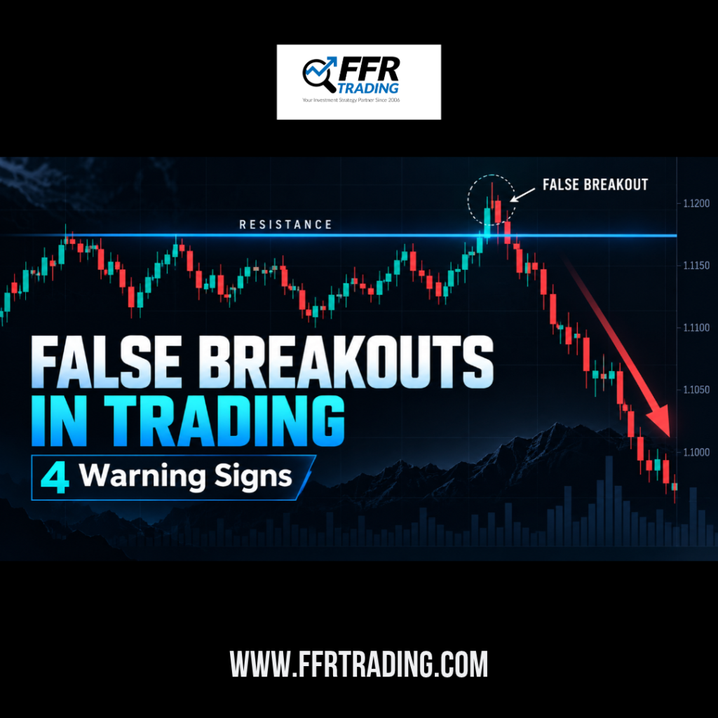 False breakouts in trading illustrated by a candlestick chart breaking above resistance before reversing sharply.